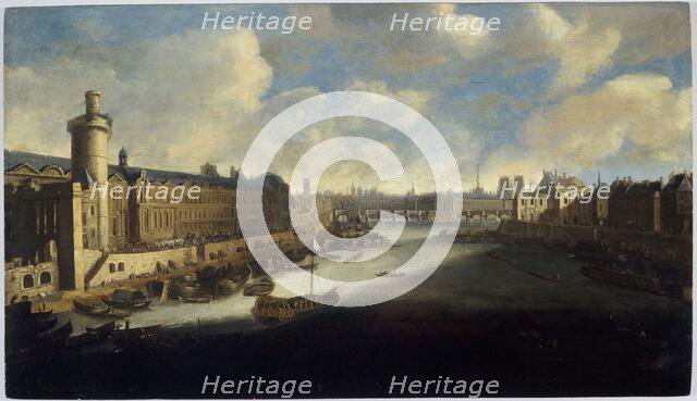 Grande Galerie of the Louvre, with new gate, the Pont-Neuf, the city, College..., around 1665.  Creator: Unknown.