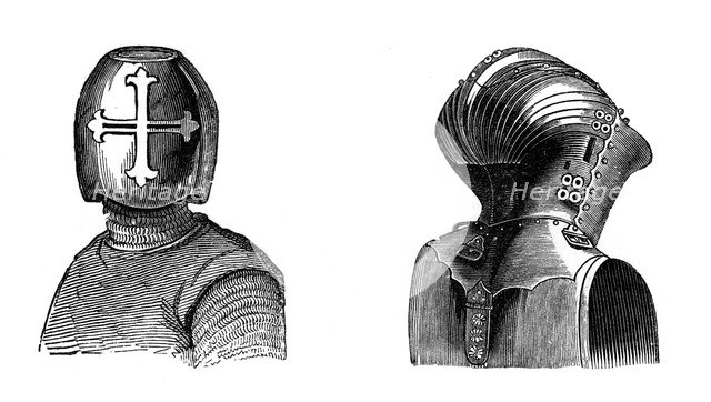 Helmets, 13th and 15th centuries, (1870). Artist: Unknown