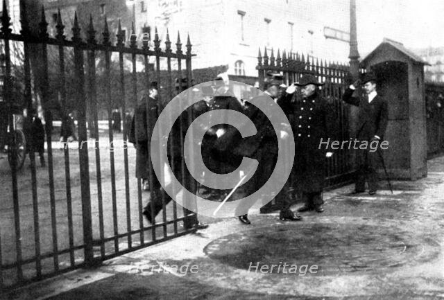 The Trial of M. Zola in Paris: scenes at the Assize Court - arrival of General Pellieux, 1898. Creator: Gribayedoff.
