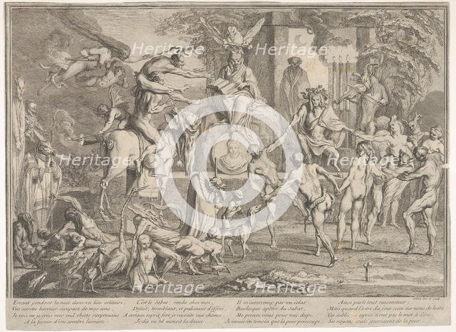 Witches' Sabbath, within a nocturnal landscape, a necromancer seated at top cente..., ca. 1700-1720. Creator: Claude Gillot.