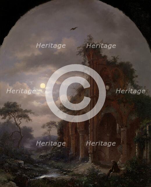 Monk Meditating near a Ruin by Moonlight, 1862. Creator: Frederik Marinus Kruseman.