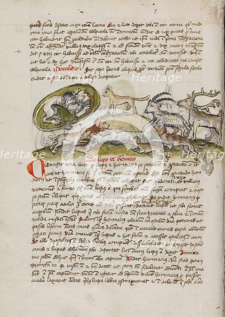 A Lion in its Den and Animals Biting a Wolf; Fables, third quarter of 15th century. Creator: Unknown.