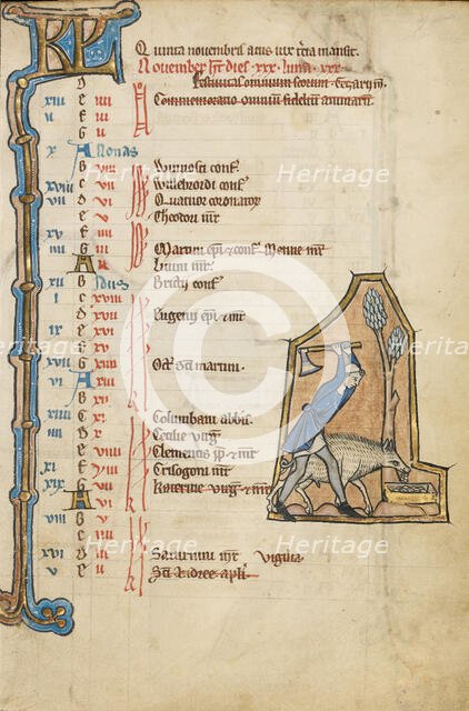 November Calendar Page; Gathering Acorns for Pigs; Psalter, mid-1200s. Creator: Unknown.