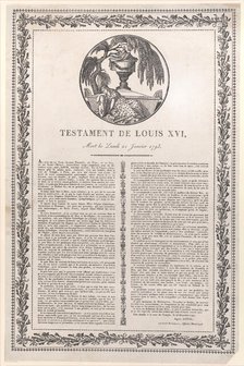 The last words of Louis XVI (Testament de Louis XVI), 1793-1800., 1793-1800. Creator: Anon.