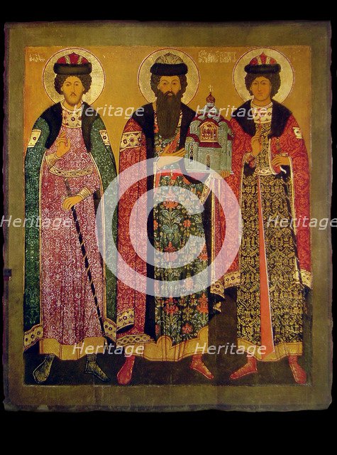 Saint Vsevolod Mstislavich, Prince of Pskov with Saints Boris and Gleb, Early 17th cen.. Artist: Russian icon  