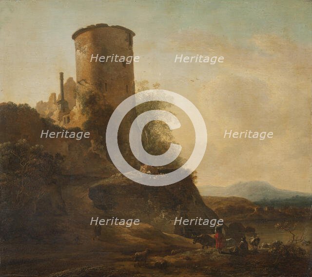 Italian mountain landscape with castle ruins, animals and figures, first half of 17th century. Creator: Adam Pynacker.