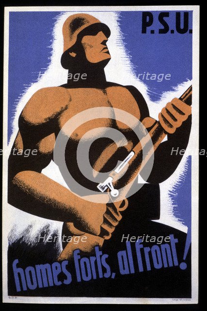 Spanish Civil War (1936-1939). Poster 'Homes forts, al front' (Strong men, to the front). Publish…