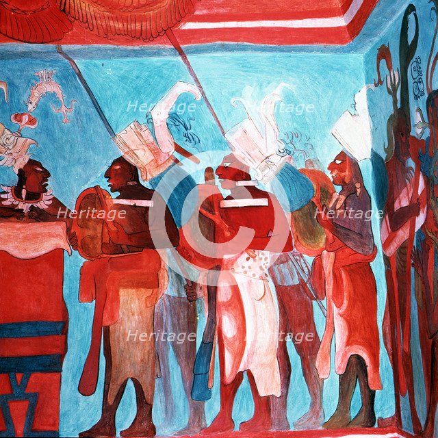 Fresco in the Room 1 of the Bonampak painting temple depicting scenes of life.