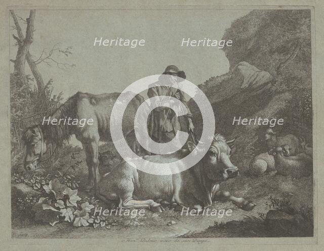 Shepherd Resting on a Walking Stick with an Old Horse and a Reclining Bull, after 1767. Creator: Francesco Londonio.