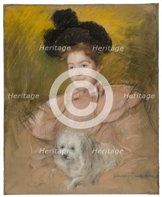 Woman in Raspberry Costume Holding a Dog, c. 1901. Creator: Mary Cassatt.
