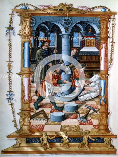 Masons building a pillar in a church, c1525. Artist: Unknown