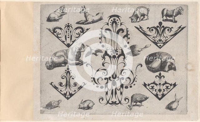 Blackwork Designs with Various Mammals and Birds, Plate 5 from a Series of Blackwork..., after 1622. Creator: Meinert Gelijs.
