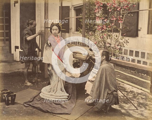 [Japanese Woman in Traditional Dress Posing with Two Men], 1870s. Creator: Unknown.