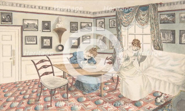 Two young women writing and sewing in an interior at Hatton, Warwickshire, 1820-30. Creator: Attributed to Granddaughters of Dr. Samuel Parr.