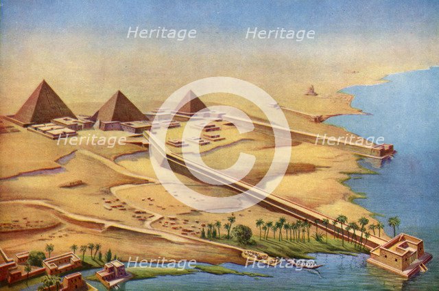 Reconstruction of the three pyramids at Abusir with their temples and approaches, 1933-1934. Artist: Unknown