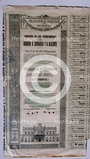 Obligation of 500 pesetas of the Compañía de los Ferrocarriles de Madrid a Zaragoza y a Alicante,…