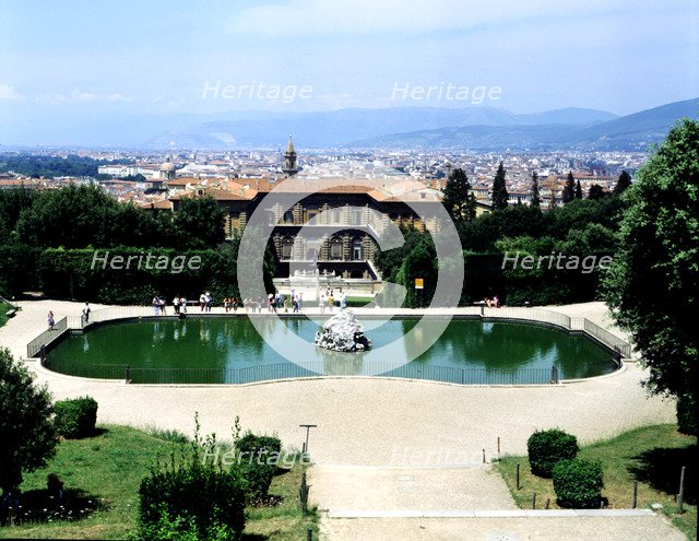 Pitti Palace, built according to plans by Brunelleschi with the city of Florence at background an…