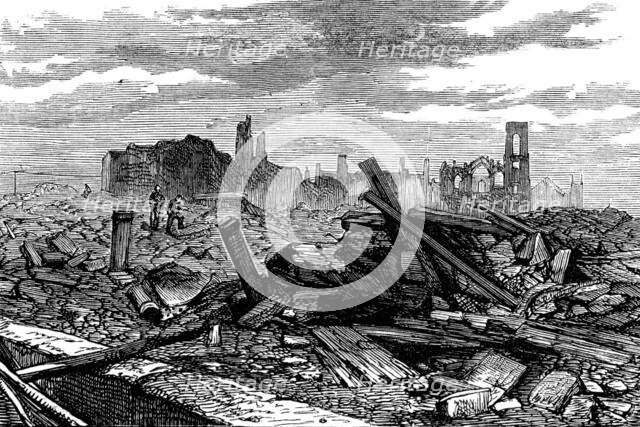 Ruins of Chicago after the Fire: Porter Palmer's Block; Field and Leiter's Stores, 1871. Creator: Unknown.