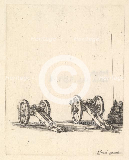 Two cannons, two soldiers seen from the back seated to the right, from 'Equipment n..., ca. 1638-43. Creator: Stefano della Bella.