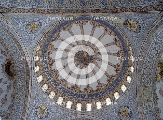 Interior view of the dome of the Blue Mosque in Istanbul.