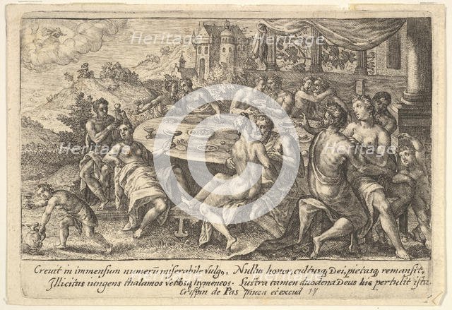 Mankind surrendering to lechery before the Flood: embracing couples on benches around a ta..., 1612. Creator: Crispijn de Passe I.