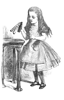 'Alice looking at the bottle with the sign 'drink me''', 1889. Artist: John Tenniel.