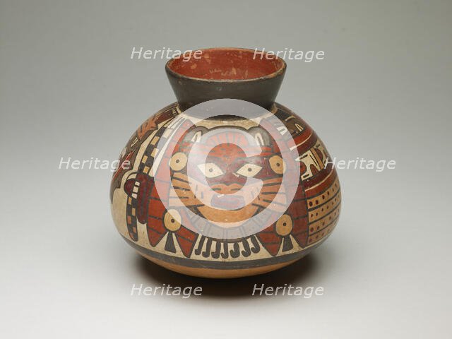 Collared Jar Depicting Costumed Ritual Performer Holding Checkerboard Staff, 180 B.C./A.D. 500. Creator: Unknown.