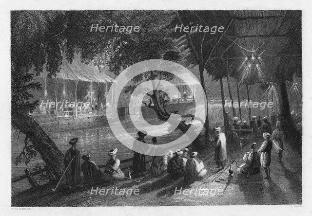 Cafes on a branch of the Barrada River (the ancient Pharpar), Damascus, Syria, 1841.Artist: S Smith