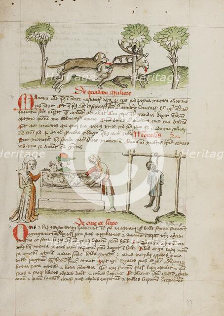 A Dog Hunting a Stag: A Man Killed by Hanging and A Woman Laying..., third quarter of 15th century. Creator: Unknown.