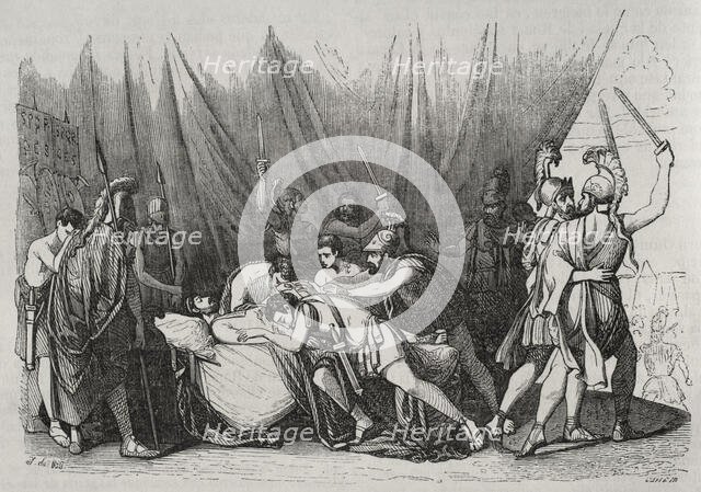 Death of Viriathus, leader of the Lusitanian people who fought against Roman..., 139BC (1852). Creator: José Vallejo.