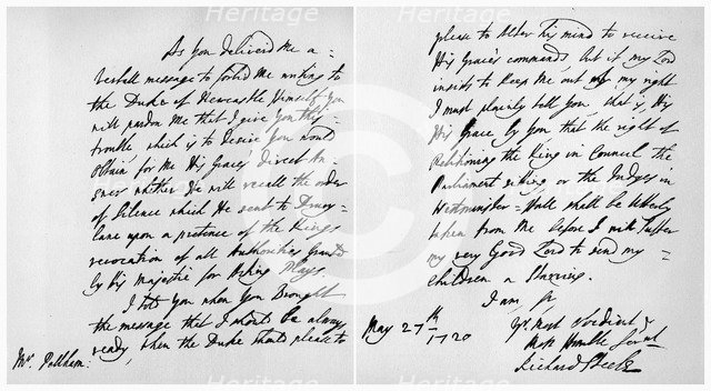 Letter from Sir Richard Steele to Henry Pelham, 27th May 1720. Artist: Richard Steele