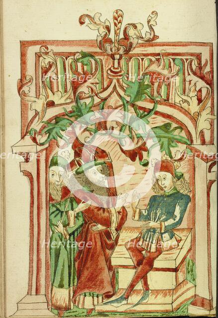 King Avenir and a Doctor come to Josaphat; Barlaam und Josaphat, 1469. Creators: Hans Schilling, Diebolt Lauber.