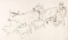 A Shepherd and His Dog Guarding a Flock of Sheep and Cows, 1825-1839. Creator: James Howe.