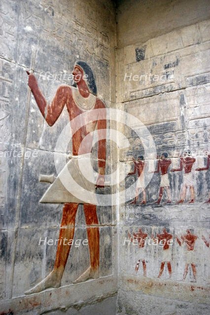 Offering bearers and deceased's portrait, polychrome relief, Mastaba of Kagemni, Saqqara,Egypt, 2003 Creator: Unknown.