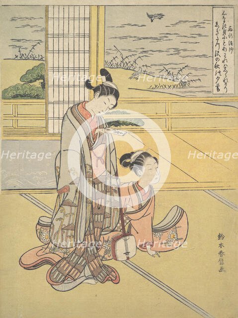 A Young Man and Woman with a Shamisen; Monk Saigyo, from a series alluding to the Thre..., ca. 1768. Creator: Suzuki Harunobu.