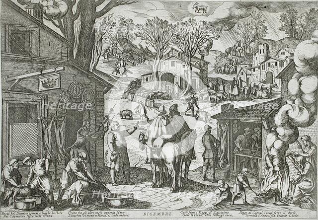 December: Village Scene with Inn, published 1599. Creator: Antonio Tempesta.