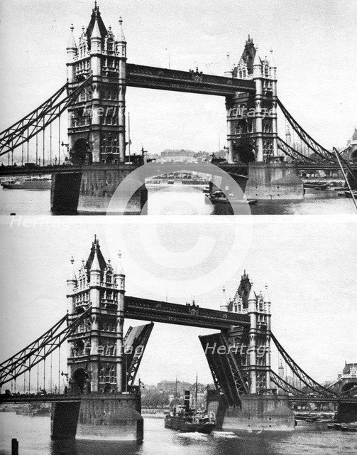 Tower Bridge open and closed, London, 1926-1927. Artist: McLeish
