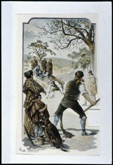 Poster with popular scene, game of 'barbell shooting' practiced in Alto Aragón, 1898. Creator: Tusell, J..