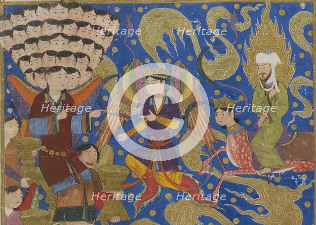 Ascent of Muhammad to Heaven. From Miraj Nameh, 1436. Creator: Anonymous.