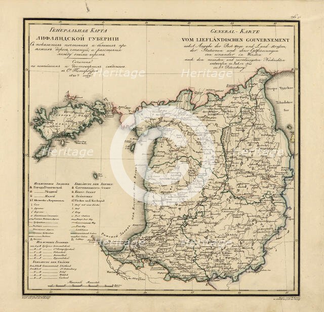 General Map of Livland Province: Showing Postal and Major Roads, Stations and the..., 1820. Creators: Vasilii Petrovich Piadyshev, Iwanoff.