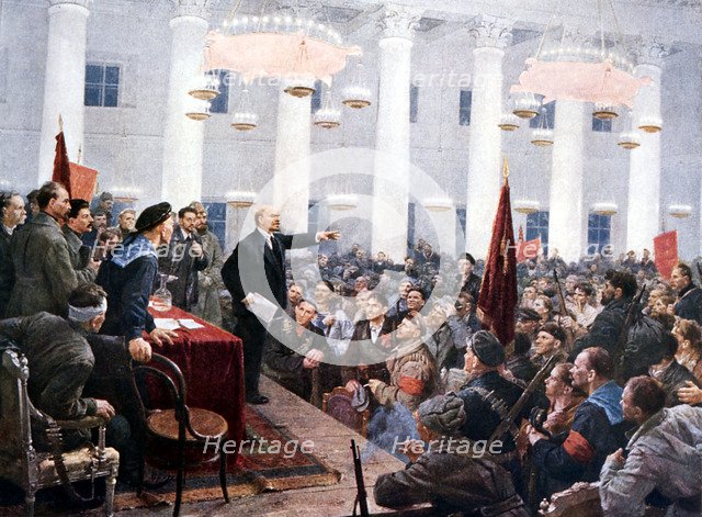 Lenin haranguing deputies of the 2nd Soviet Congress, Smolny Palace, St Petersburg, 1917. Artist: Unknown