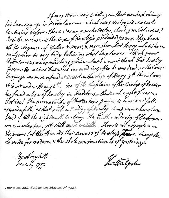 Part of a letter from Horace Walpole to the Reverend Mr Cole, 1777, (1840). Artist: Horace Walpole