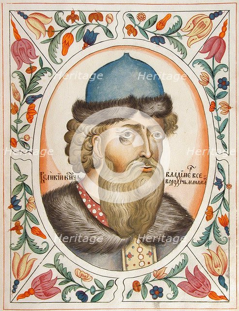 Grand Prince Vladimir II Monomakh of Kiev (From the Tsarskiy titulyarnik (Tsar's Book of Titles), 1672. Artist: Russian Master  