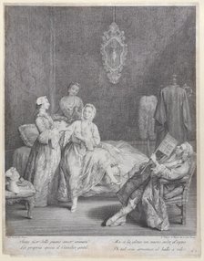 A woman getting out of bed in an elegant interior, with two servants about to help her get..., 1748. Creator: Charles Joseph Flipart.