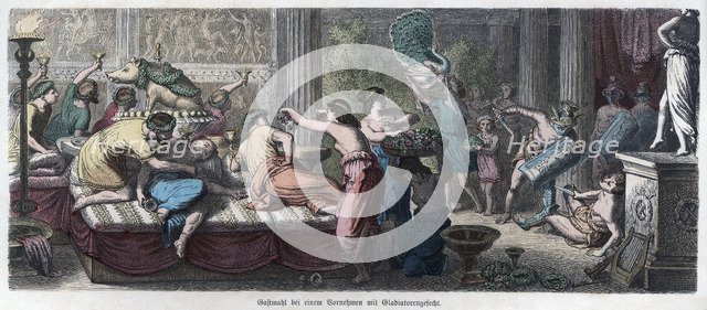 Ancient History. Rome. Orgy in a house of a Roman patrician. German engraving, 1866.