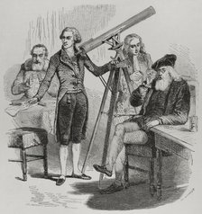 Janssen and his lenses, Galileo and his glasses, Newton and Herschel with their telescopes, 1856.  Creator: Paul Perrichon.