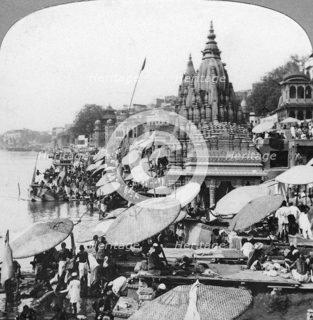A temple and ghats on the Ganges at Benares (Varanasi), India, 1900s. Artist: Unknown