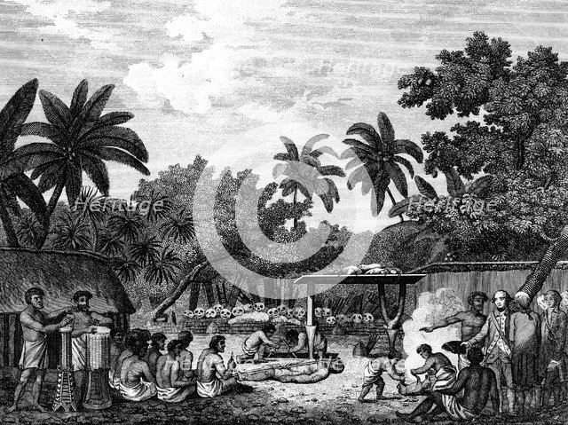 James Cook, English navigator, witnessing human sacrifice in Taihiti (Otaheite) c1773 (1815). Artist: Unknown