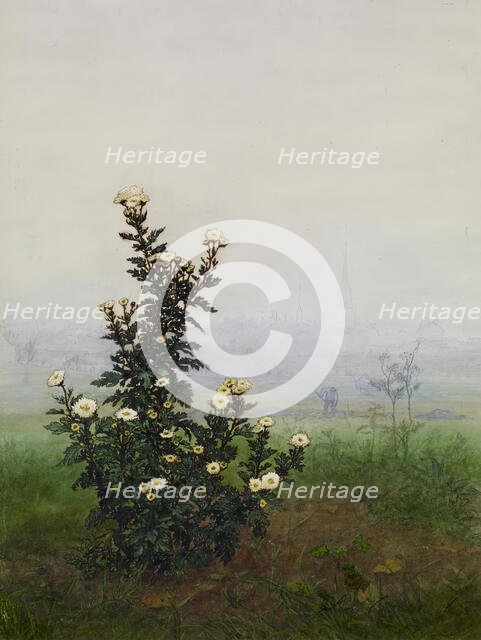 Feverfew in front of a Landscape, Issy-les-Moulineaux (?), 1863. Creator: Leon Bonvin.