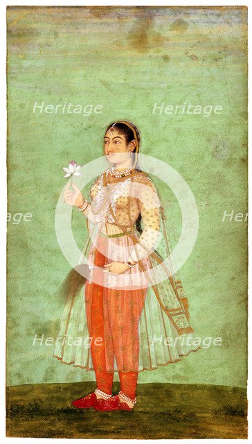 A Lady with Flower and Fly Whisk, c.1630. Artist: Indian Art  